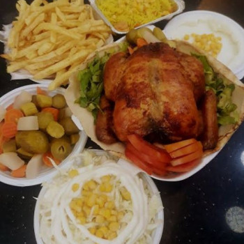 Whole Chicken Grilled On Gas With Garlic and Pickles, AND Potatoes/Rice