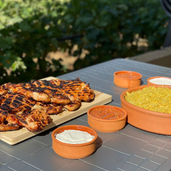 Whole Chicken Grilled On Charcoal With Garlic, Pickles And Potatoes/Rice